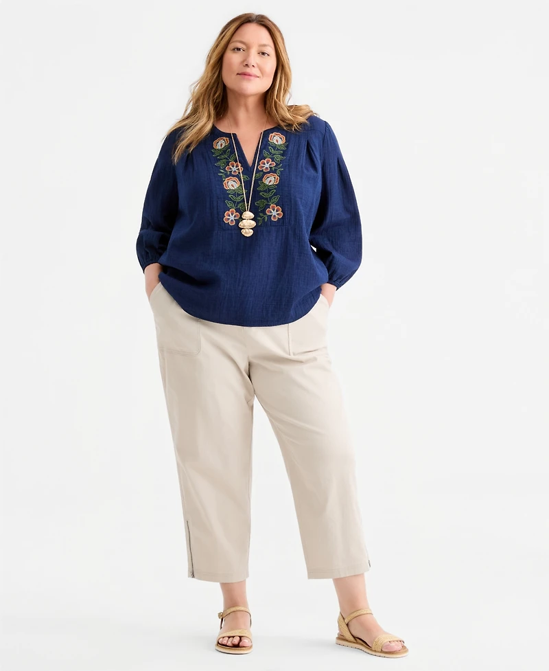 Style & Co Plus Cotton Embroidered-Trim V-Neck Top, Macy's Exclusive