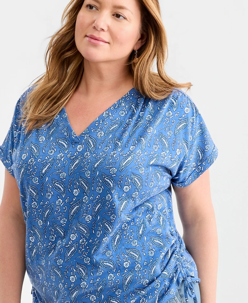Style & Co Plus Printed Ruched-Tie V-Neck Top, Macy's Exclusive