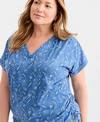 Style & Co Plus Printed Ruched-Tie V-Neck Top, Macy's Exclusive