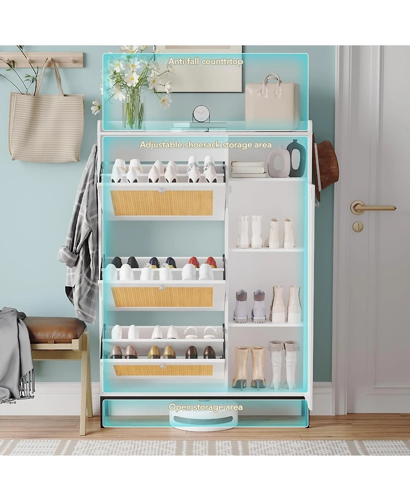 gaomon Narrow Rattan Shoe Cabinet with 3 Flip Drawers and Adjustable Shelves