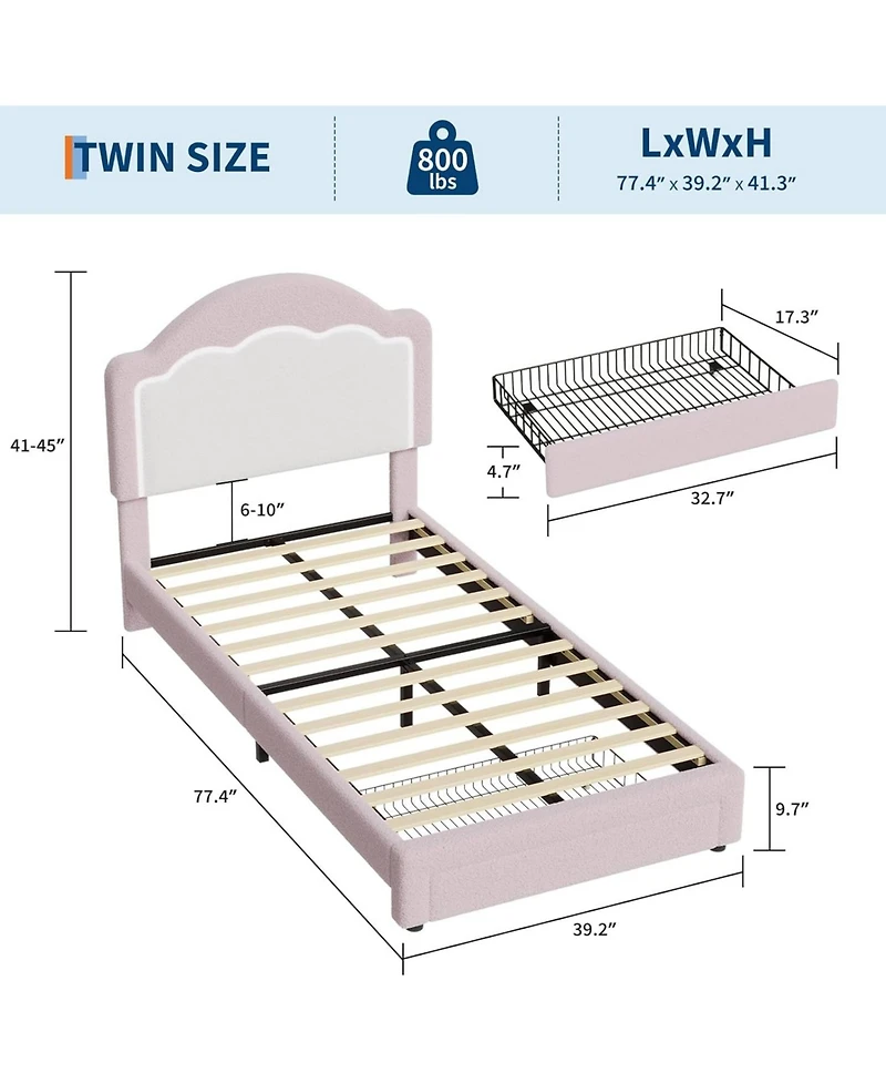 gaomon Twin Kids Upholstered Bed with Led Headboard, Plush Sherpa Fabric, Wooden Slats Support