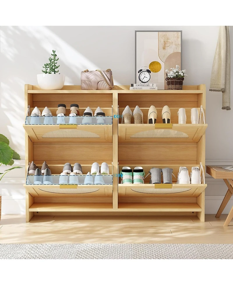 gaomon Rattan Shoe Storage Cabinet with 4 Flip Drawers, Free Standing Narrow Shoe Organizer Cabinet with Rattan Doors, Wooden Shoe Rack