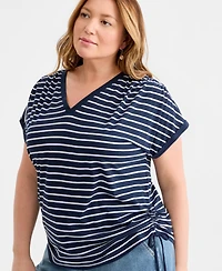 Style & Co Plus Striped Ruched-Tie V-Neck Top, Macy's Exclusive