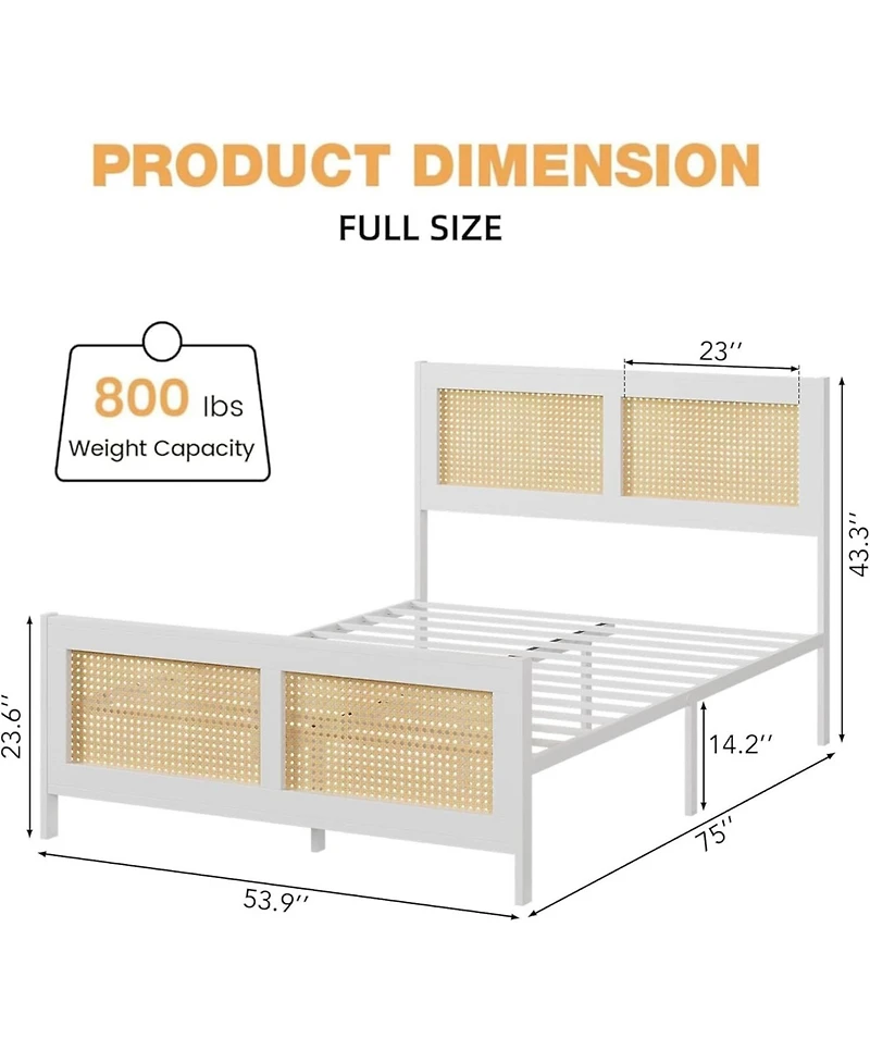 gaomon Rattan Bed Frame Headboard Metal Slats Boho Noise Free No Box Spring Needed