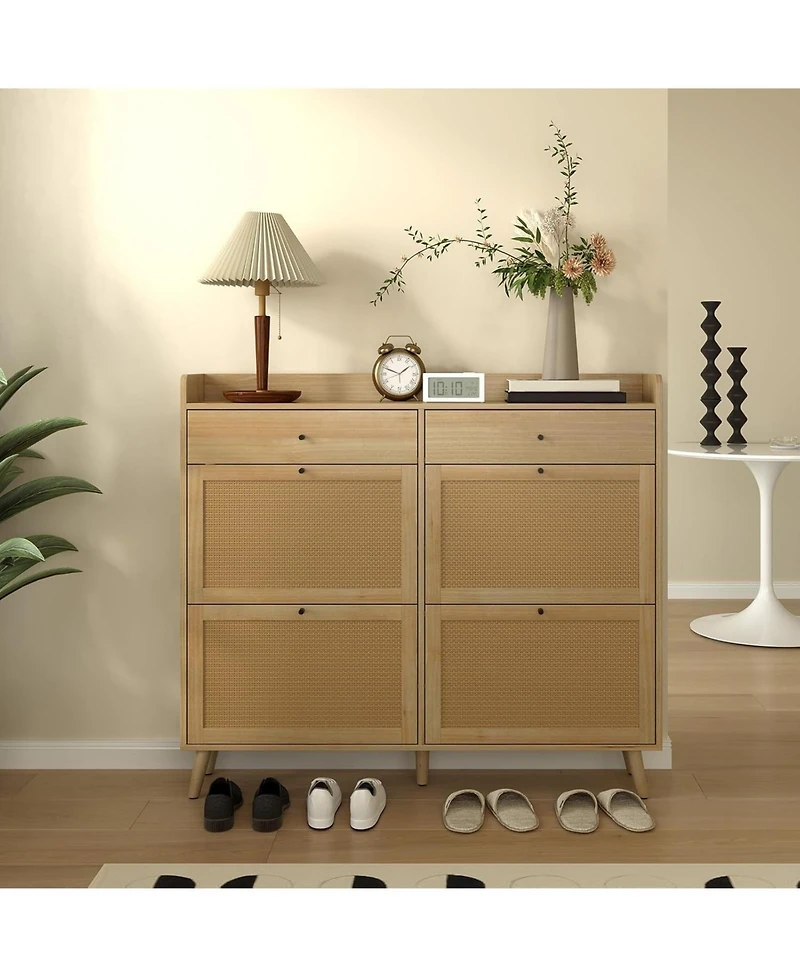 gaomon Rattan Shoe Cabinet Storage for Entryway, Shoe Organizer Cabinet with 4 Flip Drawers and 2 Slide Drawers, Hidden Shoe Storage Free Standing