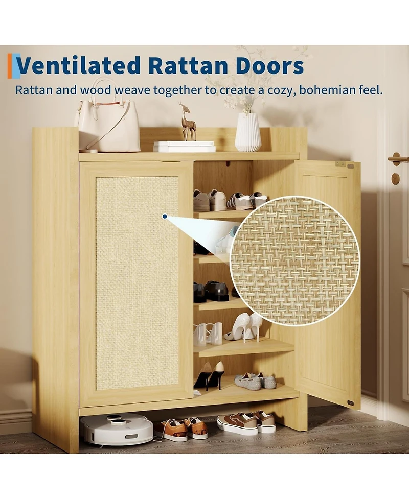 gaomon Freestanding Wooden Rattan Shoe Cabinet with Adjustable Shelves, Light Wood
