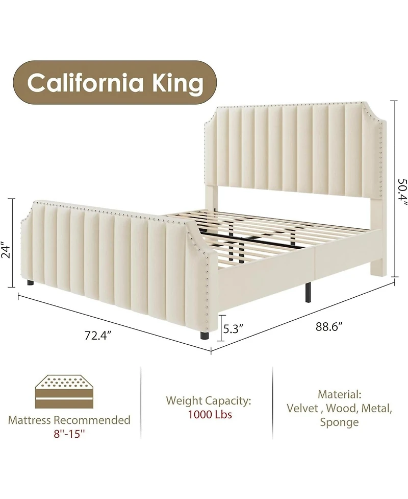 gaomon California King Velvet Upholstered Platform Bed Frame with Headboard & Footboard, Nail head Trim, Wooden Slats Support, No Box Spring