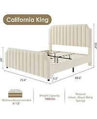 gaomon California King Velvet Upholstered Platform Bed Frame with Headboard & Footboard, Nail head Trim, Wooden Slats Support, No Box Spring