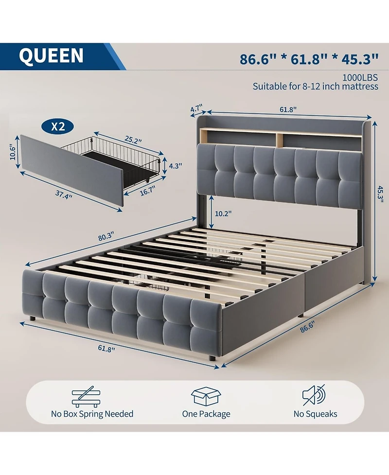 gaomon Queen Bed Frame with Headboard & 2 Storage Drawers, Upholstered Platform Bed with Led Lights