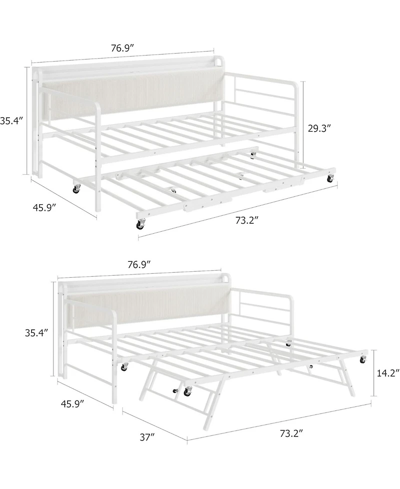 gaomon Twin Daybed with Trundle & Led Light, Metal Frame, Corduroy Headboard, Charging Station for Bedroom
