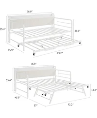 gaomon Twin Daybed with Trundle & Led Light, Metal Frame, Corduroy Headboard, Charging Station for Bedroom