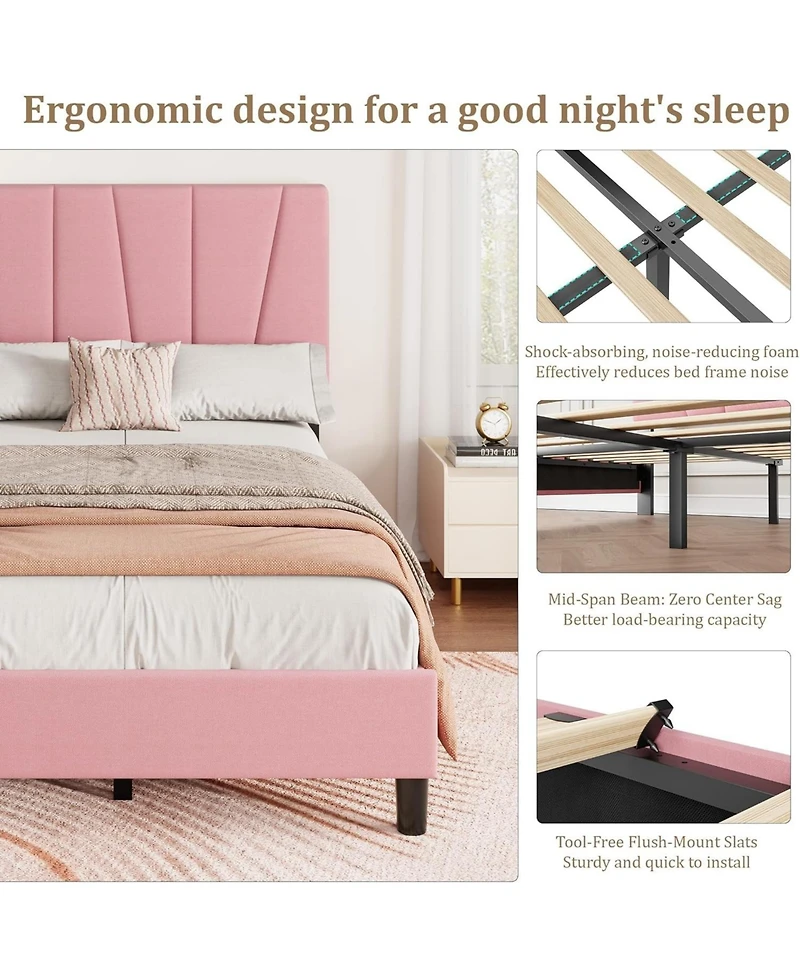 gaomon Twin Platform Bed Frame with Upholstered Fabric Headboard, Wooden Slat Support, No Box Spring Needed