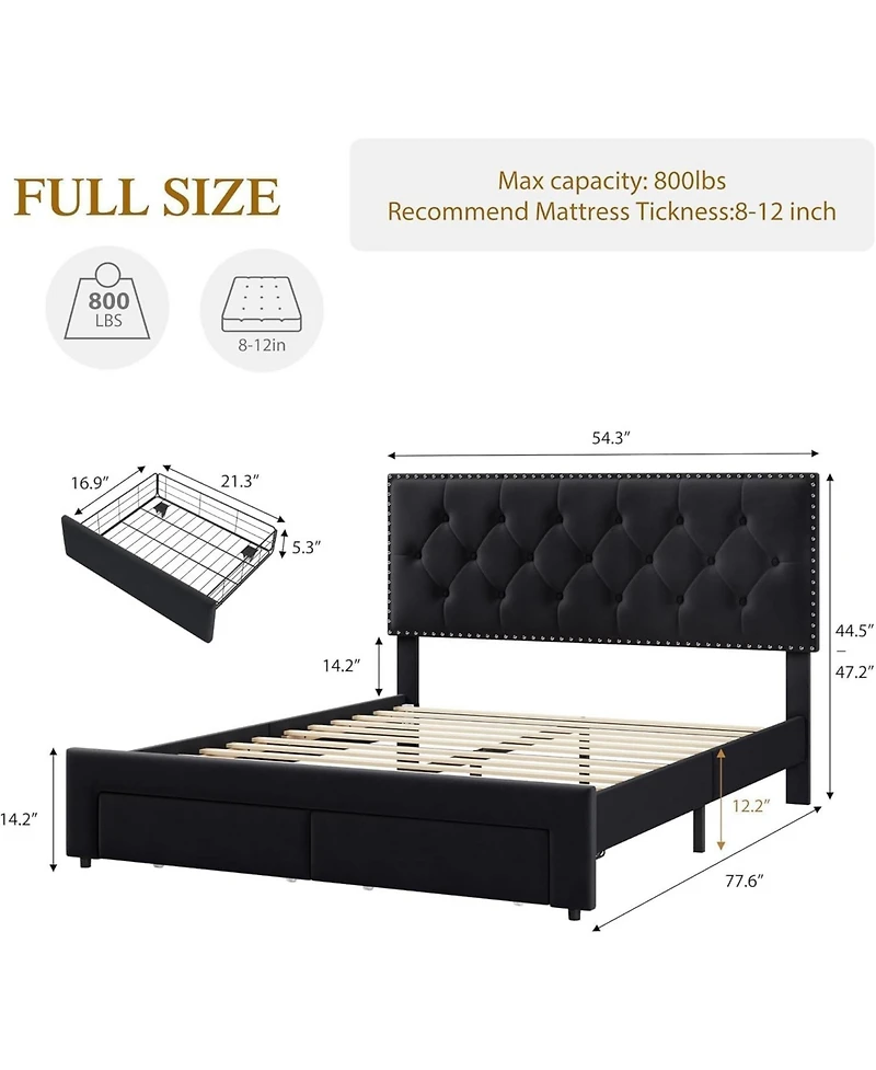 gaomon Bed Frame with 2 Drawers Vintage Velvet Upholstery Button Tufted Rivet Headboard Wood Slats