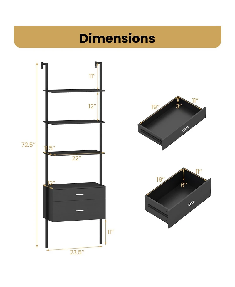 Slickblue 6-Tier Ladder Bookcase with 2 Drawers and Metal Frame