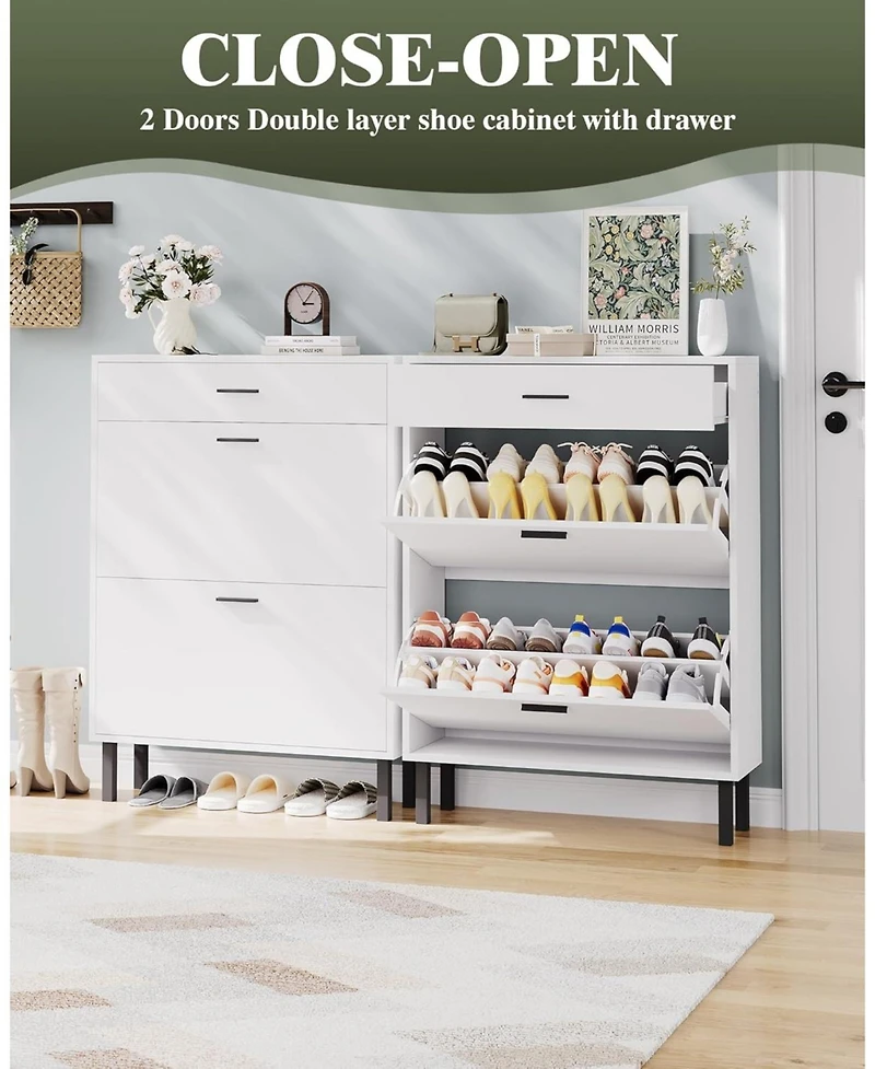 gaomon Narrow Freestanding Wooden Shoe Cabinet with 3 Drawers and Adjustable Shelves