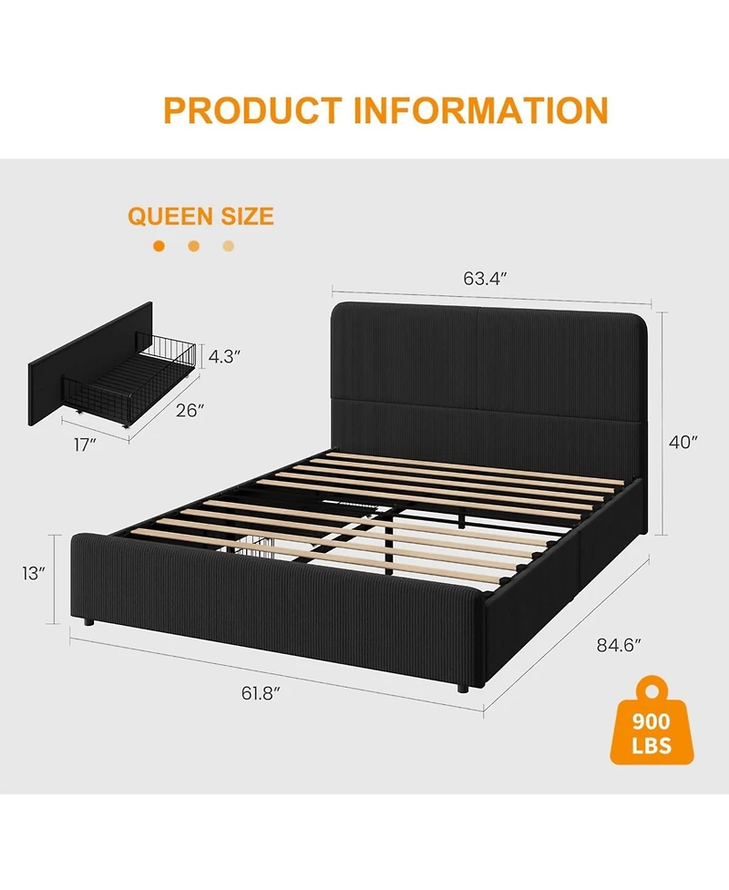 gaomon Queen Upholstered Platform Bed Frame with Headboard & Storage Drawers, Wood Slats Support, No Box Spring Needed