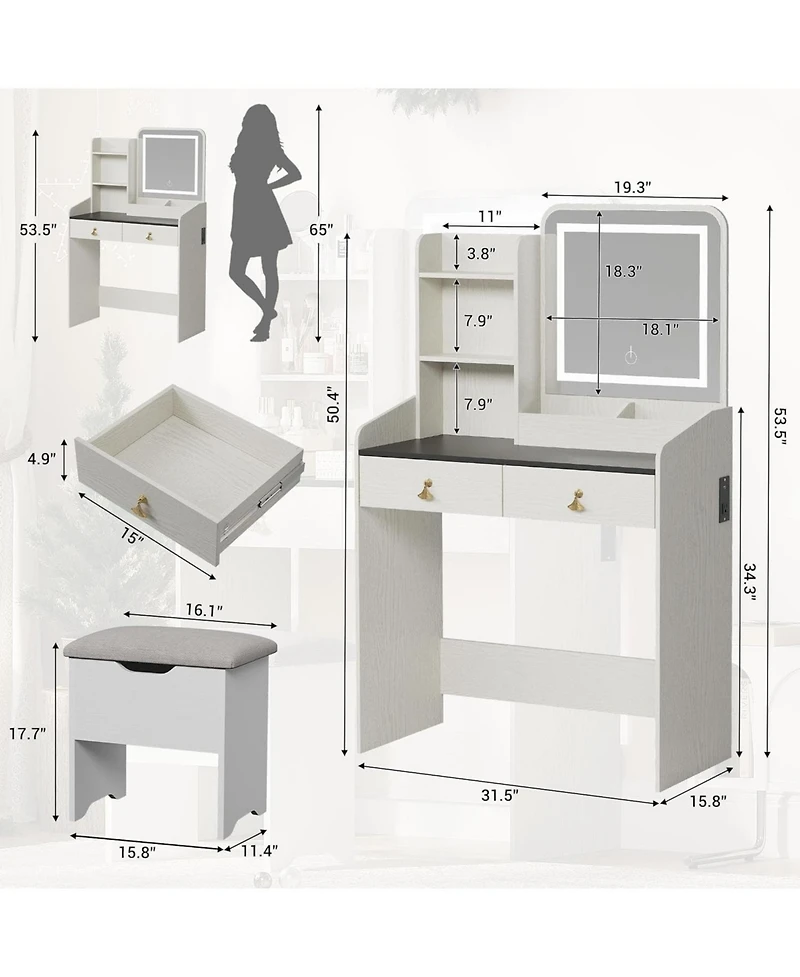 gaomon Vanity Desk with Led Mirror & Charging, Small Makeup Vanity Set, 2 Drawers, Stool, Storage for Girls