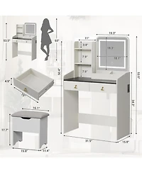 gaomon Vanity Desk with Led Mirror & Charging, Small Makeup Vanity Set, 2 Drawers, Stool, Storage for Girls