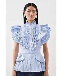 Karen Millen Women's Sleeveless Striped Pleated Ruffle Blouse