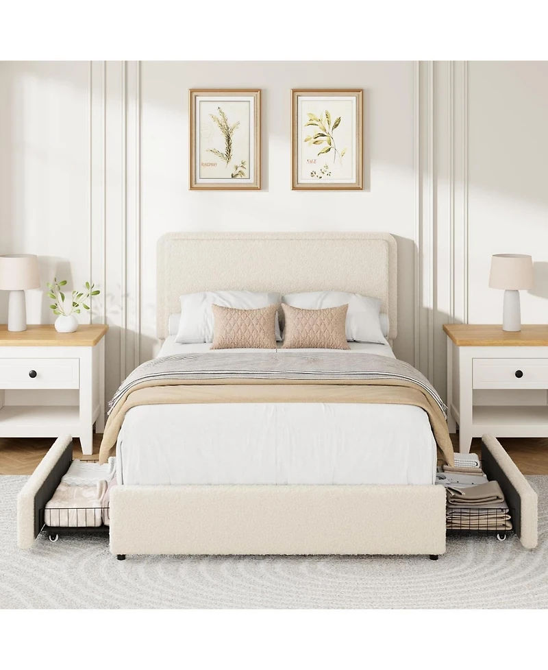 gaomon Twin Teddy Fleece Bed Frame with 2 Drawers, Adjustable Headboard, Kids & Teens