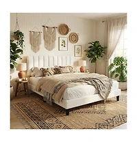 gaomon Queen Velvet Upholstered Platform Bed Frame with Vertical Channel Tufted Headboard, Adjustable Height, Noise Free
