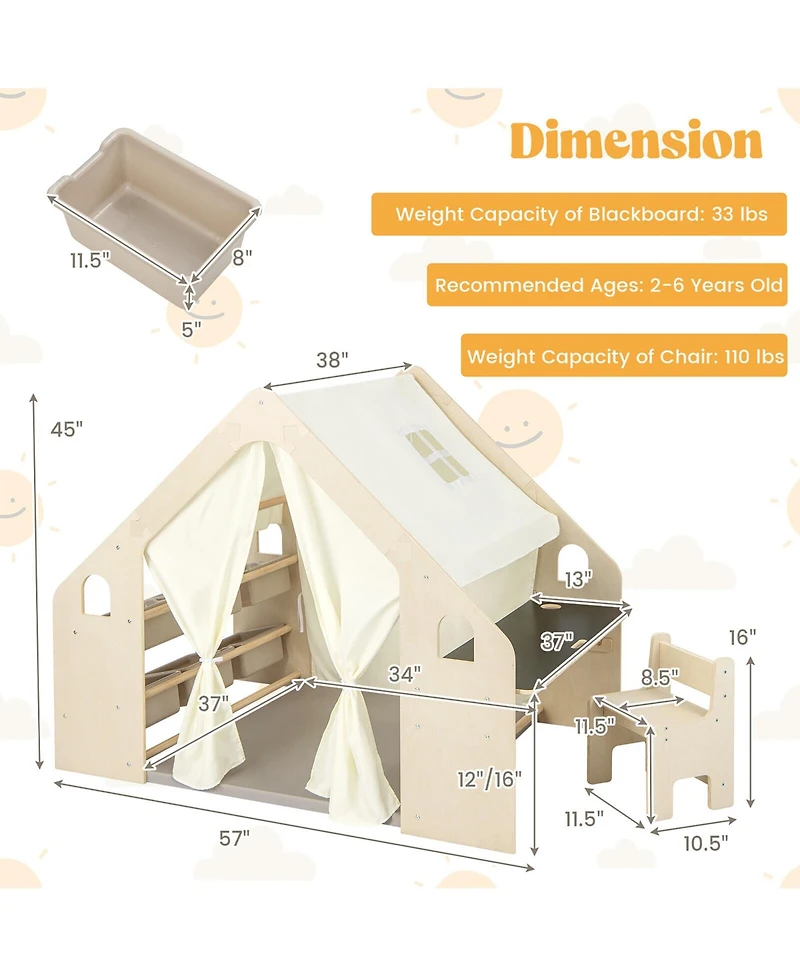 Gymax 6-in-1 Kids Playhouse Wooden Play Tent w/ Blackboard Desk Chair 6 Storage Bins