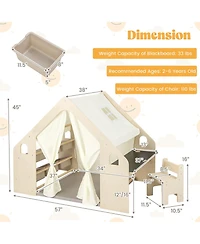 Gymax 6-in-1 Kids Playhouse Wooden Play Tent w/ Blackboard Desk Chair 6 Storage Bins
