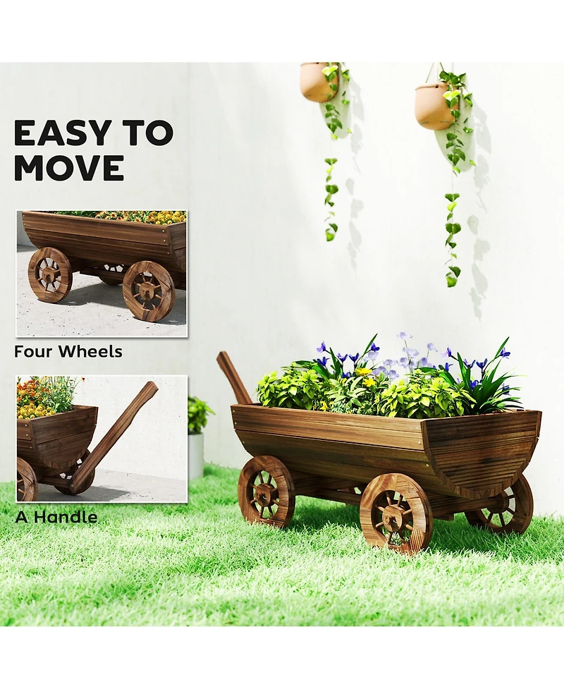 Outsunny Wooden Wagon Planter Box, Mobile Garden Planter with 4 Wheels