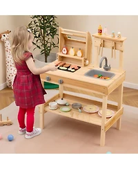 Hongge Wooden Barbecue Grill Playset with Play Food and Open Shelves