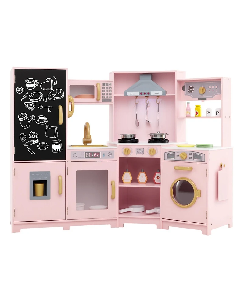 Sugift Corner Wooden Play Kitchen with Lights and Sounds Large Pretend Play Kitchen Set