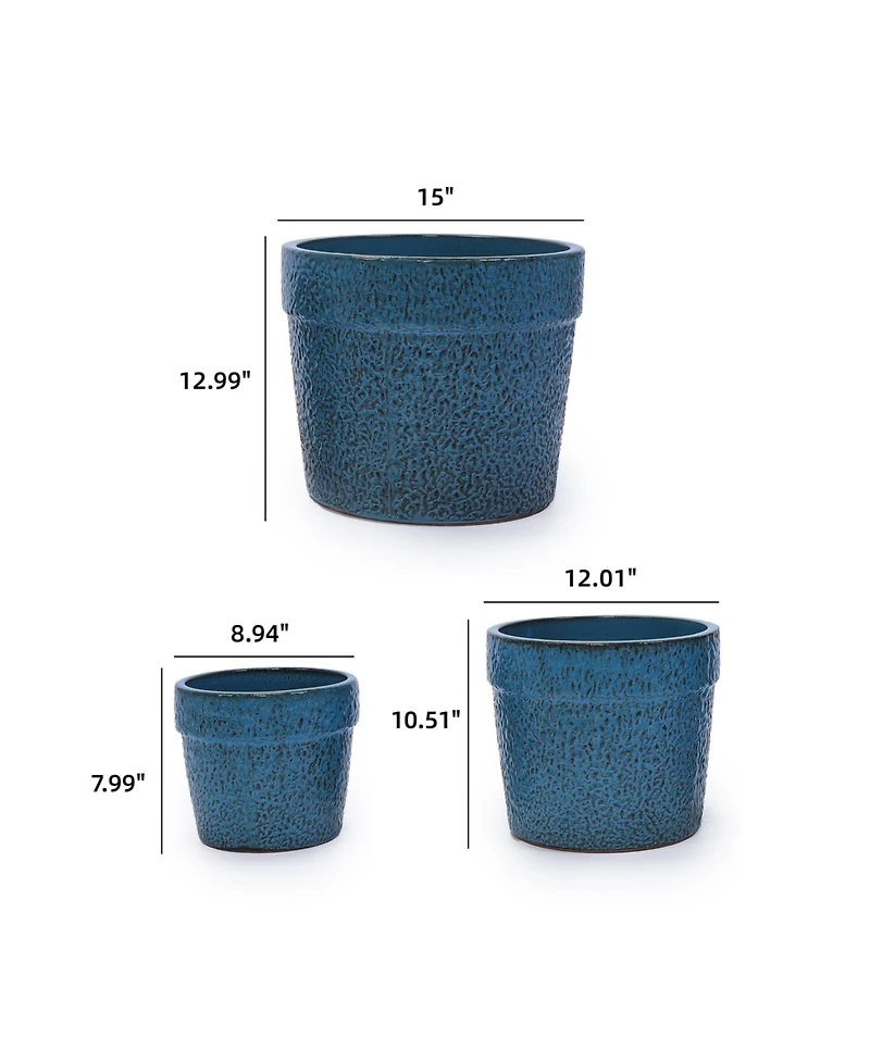 Clihome Handmade Ceramic Planter Set of 3, 15/12/9 Inch Diameter,Textured Pattern, for Succulents & Indoor Plants, Windowsill Bookshelf Use