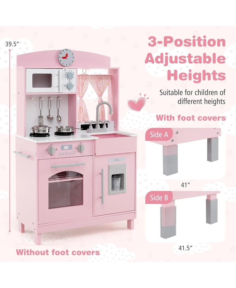 Mecale Play Kitchen for Kids, Wooden Chef Pretend Playset with 3 Adjustable Heights & Microwave