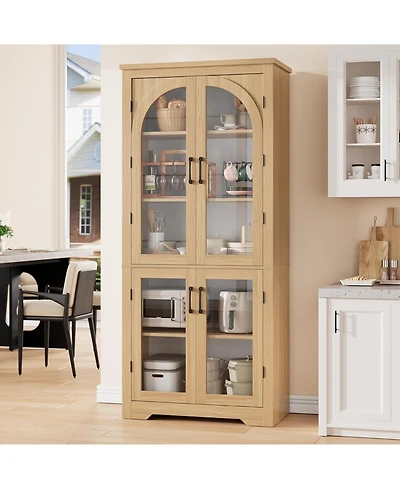gaomon Tall Kitchen Pantry Cabinet Modern Display with 4 Arched Glass Doors and Adjustable Shelves, Versatile Cupboard Organizers for