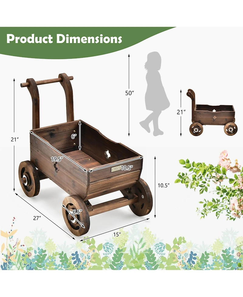 Decorative Wagon Cart Plant Flower Pot Stand Wooden Raised Garden Planter Box