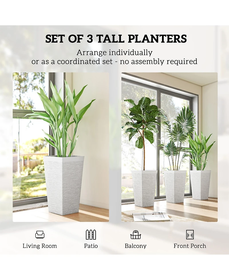 Outsunny 22.8 Inch Tall Planters, Set of 3 Plastic Flower Pots,