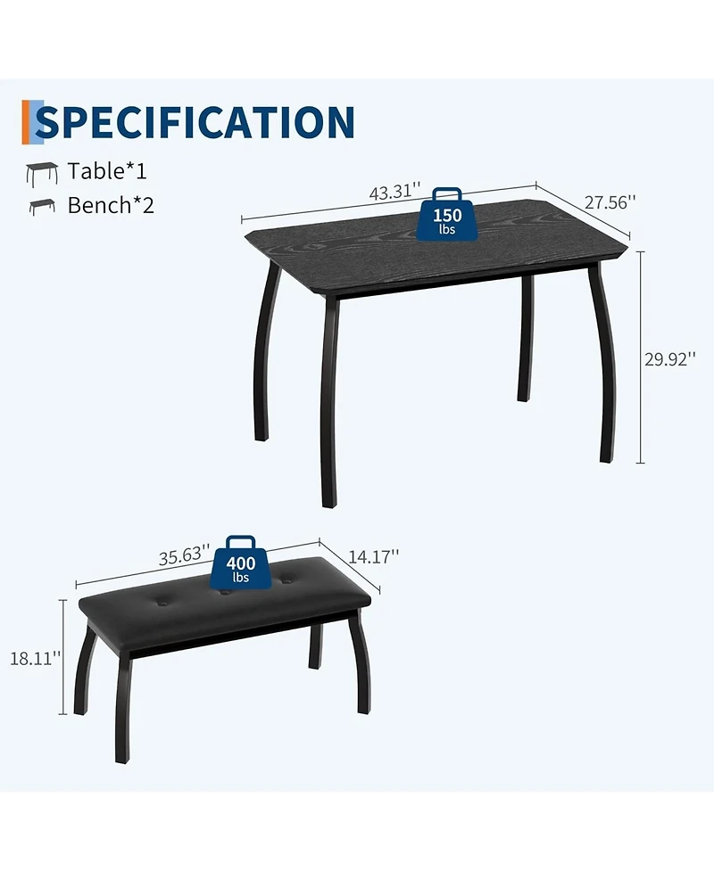 gaomon 3-Piece Wooden Dining Table Set with 2 Upholstered Benches