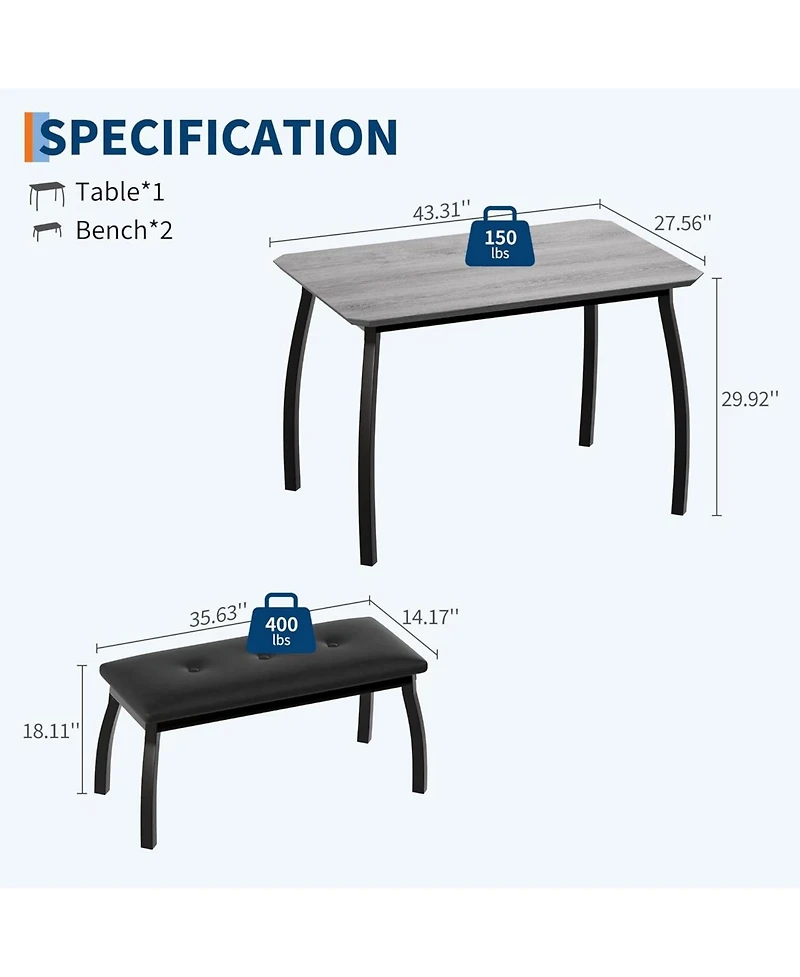 gaomon 3-Piece Wooden Dining Table Set with 2 Upholstered Benches
