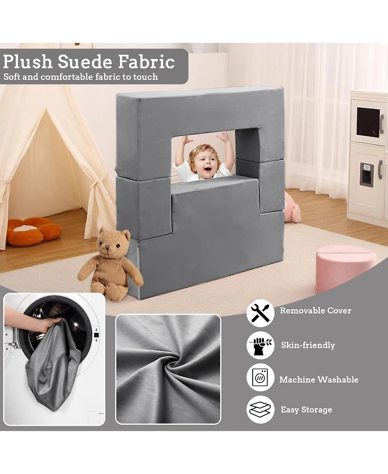 Kids Play Couch, 6Pcs Modular Kids Play Sofa for Playroom, Kids Modular Couch Toddler Foam Sofa, Kids Convertible Sofa with Removable Cover, Pink