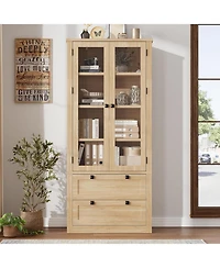 gaomon Tall Kitchen Pantry Cabinet - Modern Display Storage with 2 Large Drawers, Glass Doors, and Adjustable Shelves