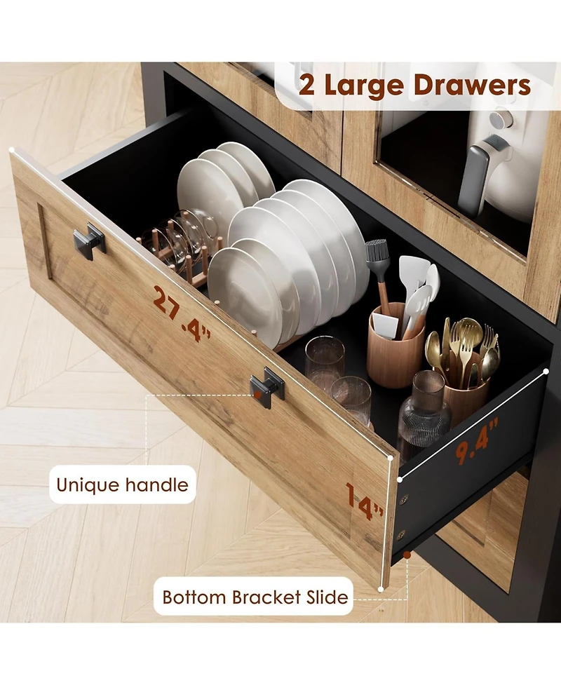 gaomon Tall Kitchen Pantry Cabinet - Modern Display Storage with 2 Large Drawers, Glass Doors, and Adjustable Shelves