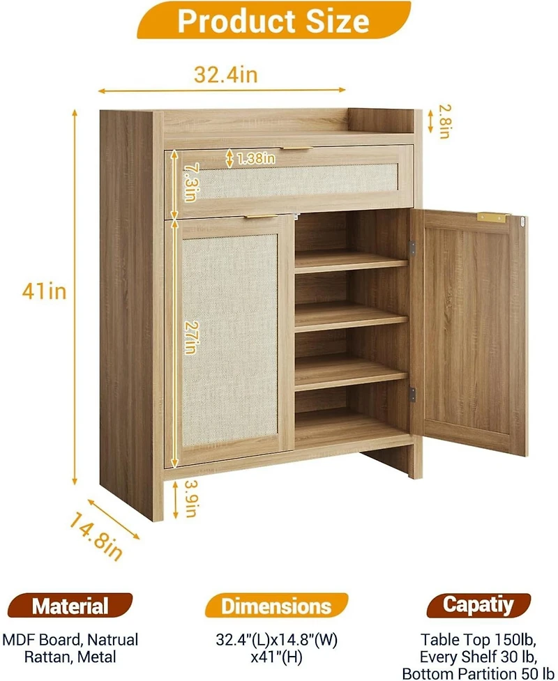 gaomon 32” boho rattan shoe cabinet with doors and drawer, adjustable shelf, and wood finish—ideal as a coffee bar or accent console.