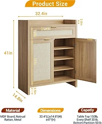 gaomon 32” boho rattan shoe cabinet with doors and drawer, adjustable shelf, and wood finish—ideal as a coffee bar or accent console.