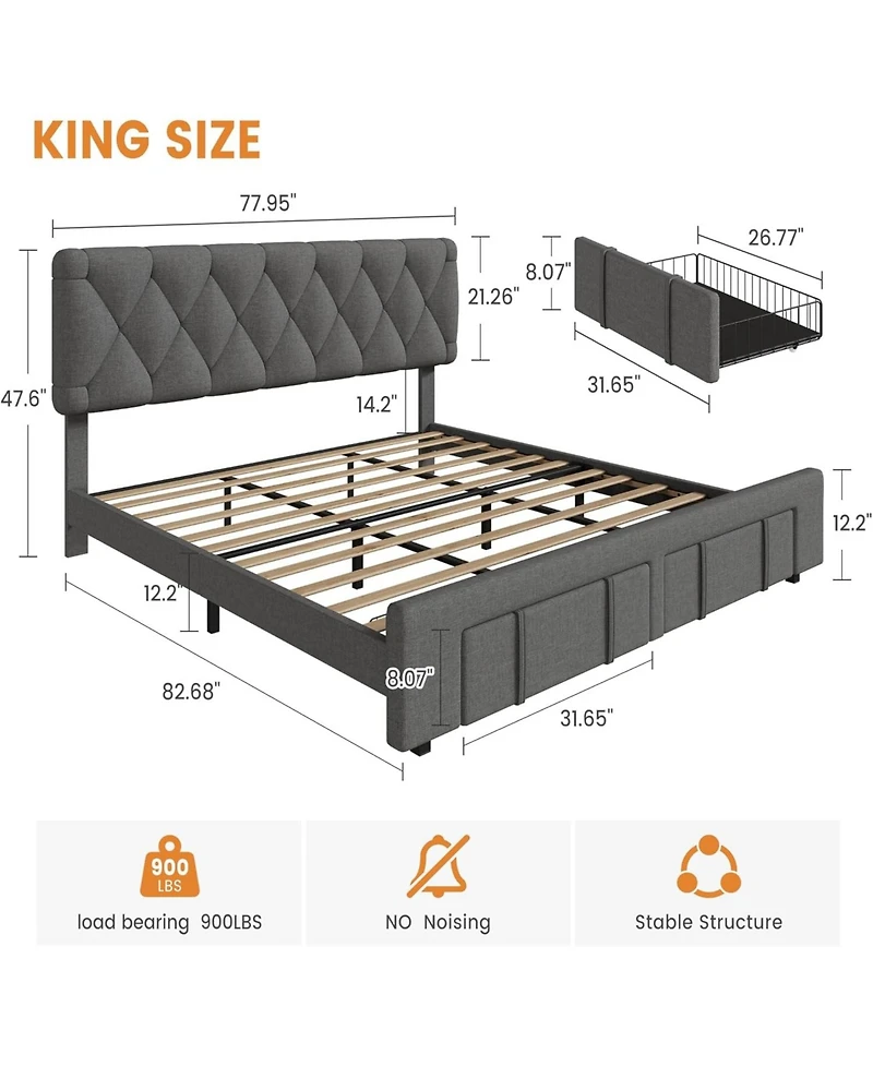 gaomon King Upholstered Platform Bed Frame with Storage Drawers Solid Wood Slats No Box Spring Needed