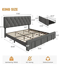 gaomon King Upholstered Platform Bed Frame with Storage Drawers Solid Wood Slats No Box Spring Needed