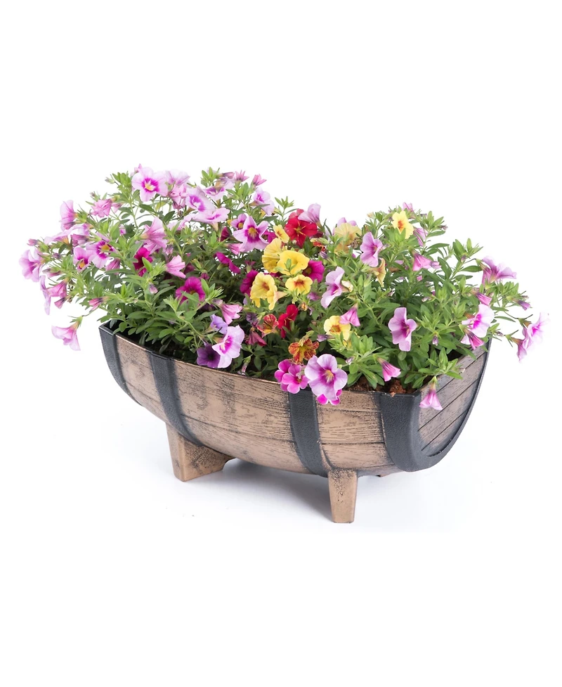 Gardenised Rustic Wood- Look Plastic Half Barrel Flower Pot Garden Planter, Pack of 2