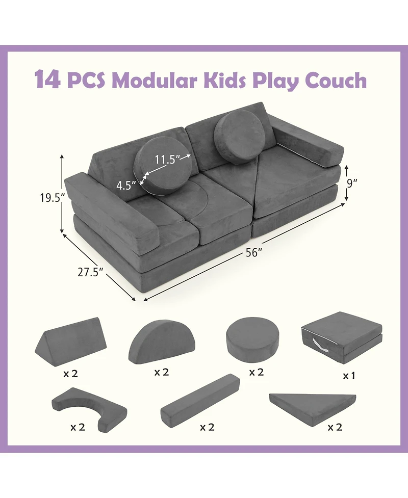 14 Piece Modular Kids Play Couch for Playroom and Bedroom