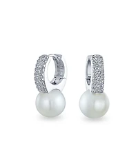 Bling Jewelry Pearl/Cubic Zirconia Mini Hoop Huggie Drop Earrings