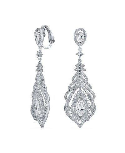 Bling Jewelry Art Deco Style Cubic Zirconia Leaf Teardrop Statement Cz Chandelier Clip On Earrings
