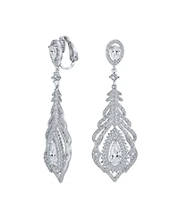 Bling Jewelry Art Deco Style Cubic Zirconia Leaf Teardrop Statement Cz Chandelier Clip On Earrings