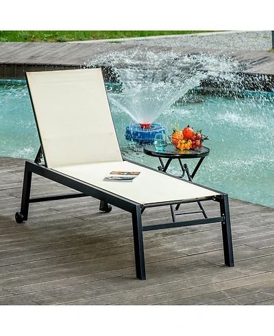 Clihome Outdoor Lounge Chair, Patio Lounger with 5-Position Reclining Backrest and 2 Wheels